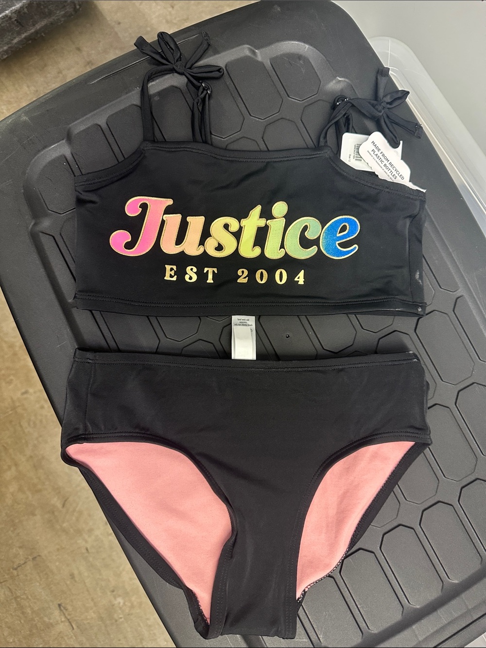 Justice Black Bikini Set with Rainbow Logo and Pink Lining